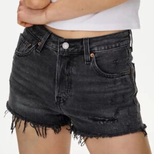 Levi's Premium 501 Slashed Black Raw Hem Distressed Cutoff Denim Shorts